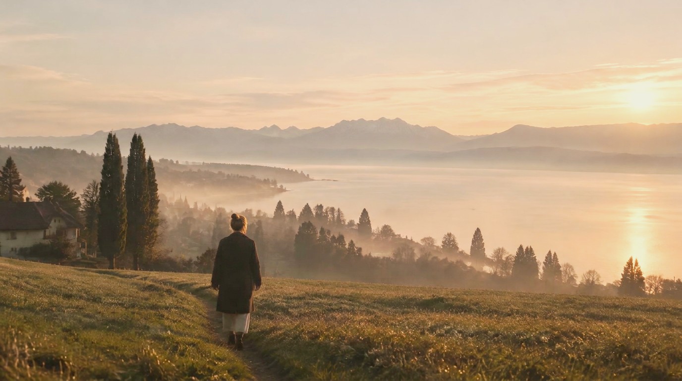 Morgennebel über einer weiten Landschaft, eine Person auf dem Weg ins Offene