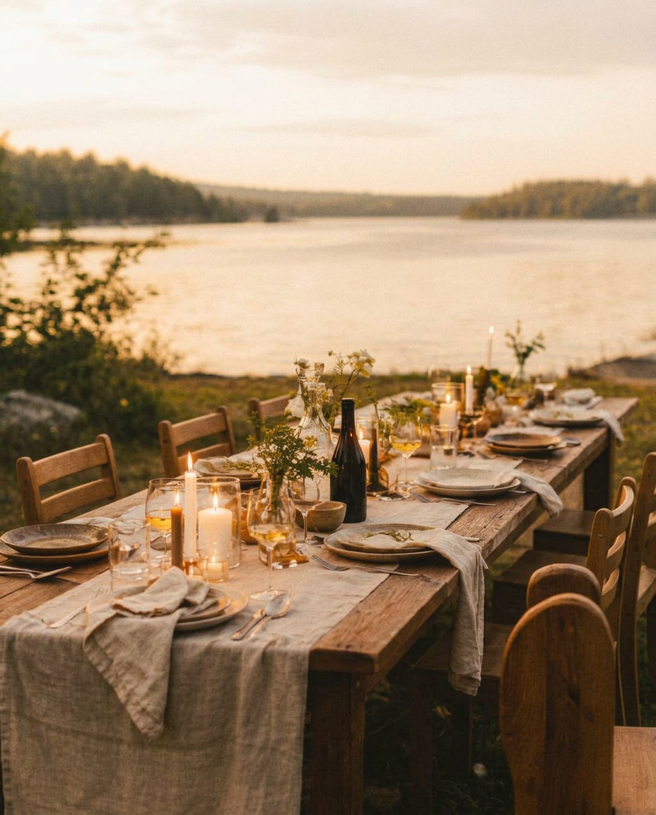 Gedeckte lange Tafel mit Kerzen und leeren Stühlen am See im warmen Nachmittagslicht