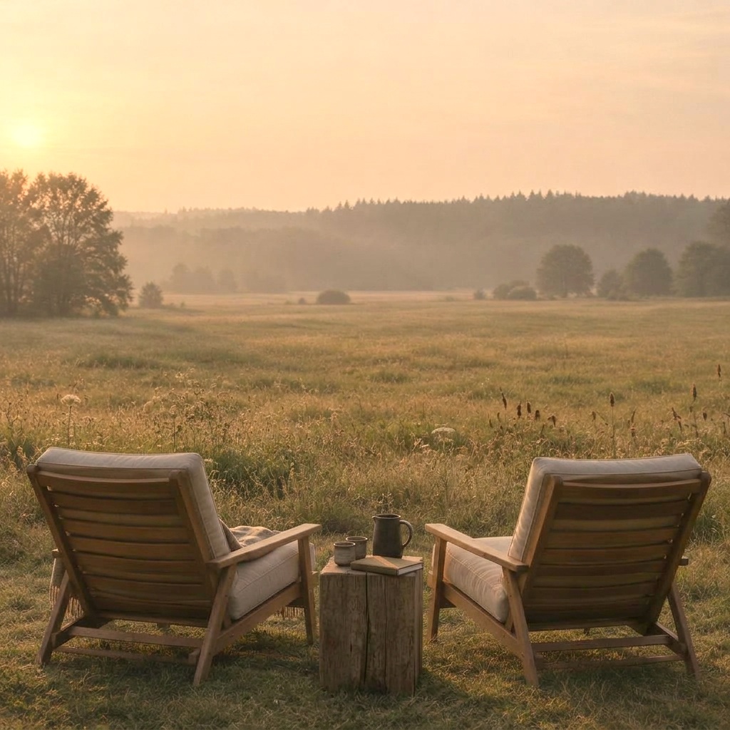 Zwei Sessel und ein kleiner Tisch mit Krug, Bechern und Notizbuch auf nebliger Wiese im Morgenlicht